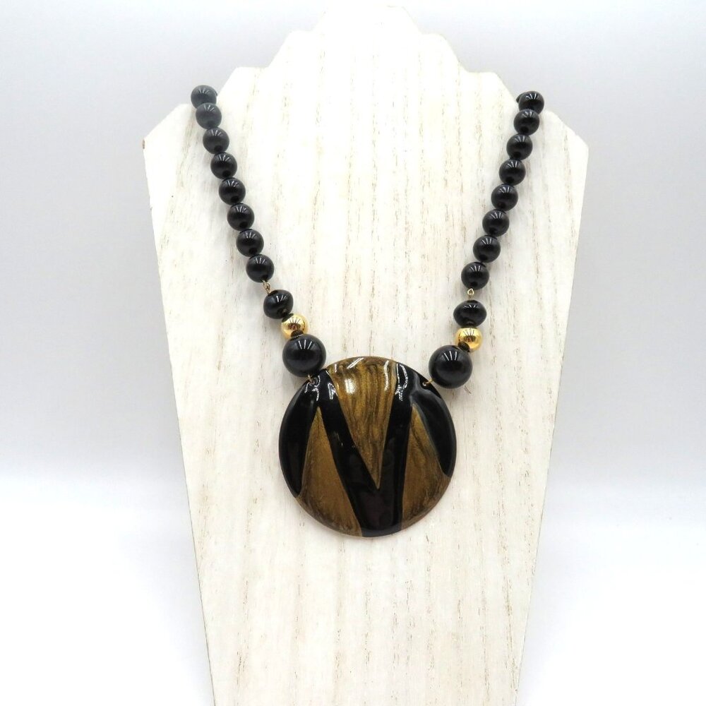 Vintage Black Gold Bead 16" Necklace Reversible‎ Pendant Art Deco Statement